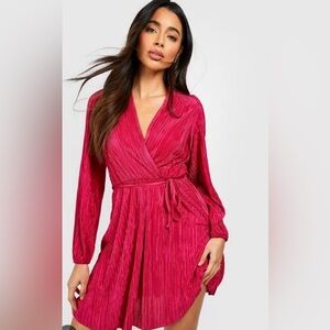 PINK BOOHOO PLISSE BLOUSON SLEEVE BELTED SKATER DRESS (SIZE UK 18, US 14)!